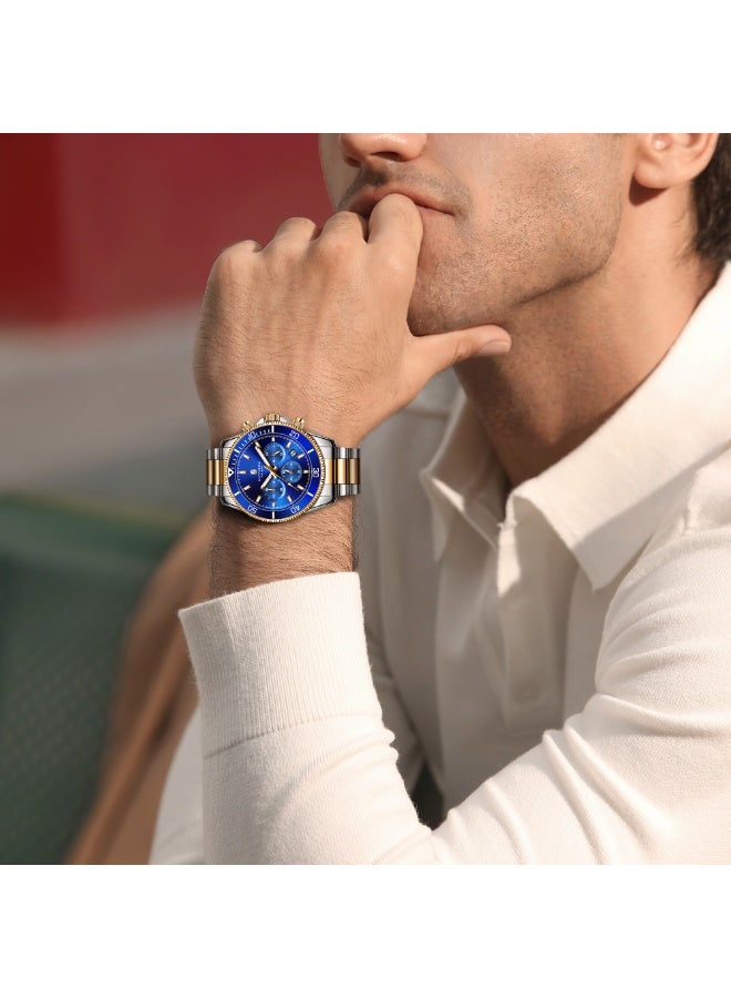 سافيرو ساعة سابفيرو كرونوغراف رجالية من الفولاذ المقاوم للصدأ، مقاومة للماء حتى عمق 50 مترًا، ساعة كوارتز تناظرية مع عرض التاريخ، ساعة كلاسيكية فاخرة وأنيقة، هدية مثالية للرجال. - Image 3